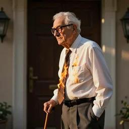 an elderly man in a tie with a cane and thick glasses in the sun at the front door. his shirt is on fire. long shot side view