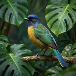 motmot bird in a forest with monstera leaves, hyper realistic, hyper detailed, digital art, trending in artstation, cinematic lighting, studio quality, smooth render, unreal engine 5 rendered, octane rendered, art style by klimt and nixeu and ian sprigger and wlop and krenz cushart