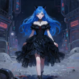 expressive oil painting, of gorgeous princess with pointy cat ears in black gothic frilly dress walking on a lunar cyberpunk street, pure innocent look, blue hair, glamour shot, by yoshitaka amano, by greg rutkowski, by jeremyg lipkinng, by artgerm, digital art, octane render