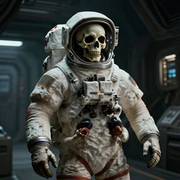 movie film still of a skeleton in a spacesuit in a spaceship, astronaut, highly detailed, 4 k, dark, gritty, cyberpunk, science fiction