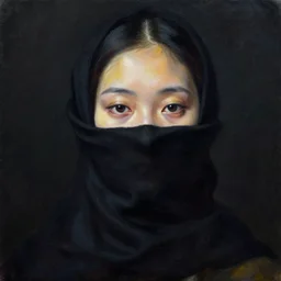 hyperrealism oil painting, portrait fashion model, face is bound with a black cloth, sad eyes, dark background, in style of classicism mixed with 8 0 s japanese sci - fi books art