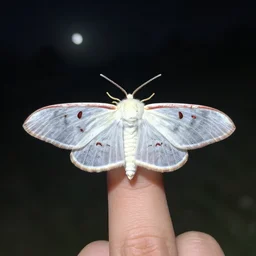 photorealistic, white ermine moth at night on a finger, flikr, by john atkinson grimshaw, by george stubbs, by virgil finlay, h. r. giger, intricate, eerie, dreamlike, naturecore