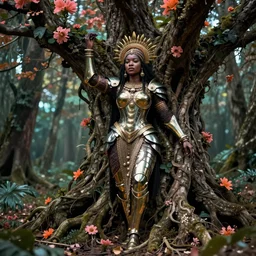 hyperrealistic post - renaissance cinematic super expressive! yoruba goddess with exoskeleton armor, merging with tree in a forest, pink orange flowers, highly detailed concept art masterpiece, smooth cam de leon eric zener dramatic pearlescent soft teal light, ground angle hd 8 k, sharp focus