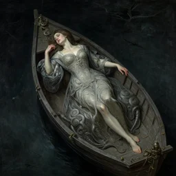 woman on a boat floating on the dead, dark mythic fantasy, art by anders zorn, wonderful masterpiece by greg rutkowski, intricate, elegant, highly detailed, digital painting, artstation, concept art, smooth, sharp focus, illustration, eerie moody brooding beautiful cinematic, thomas lawrence, artgerm, mucha, greg rutkowski
