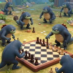 Murlocs playing chess, videogame, digital rendering, multiple characters, hd, 8k