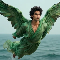 close up portrait, avan jogia as an angel flying, green feathers, flowing robes, handsome, ocean background, alphonse mucha, rhads, ross tran, artstation, artgerm, octane render, 1 6 k