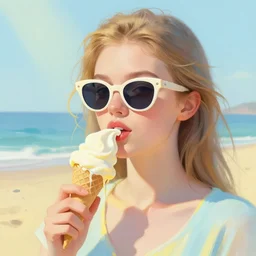 portrait of beautiful girl on the beach, sunglasses, icecream dripling, pastel shades of yellow en light blue, beautiful face, rule of thirds, spotlight, drips of paint, expressive, passionate, by greg rutkowski, by jeremy mann, by francoise nielly, by van gogh, digital painting