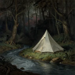 a tent by the river in the deep, remote woods by gustave dore, from nightmare before christmas | detailed | elegant | trending on artstation