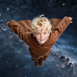 blonde boy with bright golden eyes wearing a brown cape and flying in t pose, space background, greg rutkowski