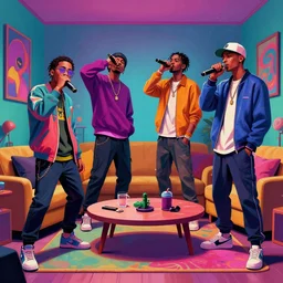 four friends rapping into microphone in small living room, epic pose, distinct figures, digital art, vaporwave, psychedelic, surreal, hip hop, trending on Artstation, professional artist, detailed, 4k