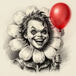 surrealism grunge cartoon portrait sketch of a flower with a wide smile and a red balloon by - michael karcz, loony toons style, chucky style, horror theme, detailed, elegant, intricate