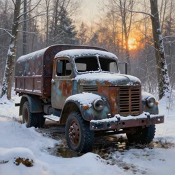 hyper realistic painting of abandoned vintage dieselpunk truck in the winter forest, puddles of water, a lot of snow, brom, sunrise, mucha, moebius, craig mullins, juan gimenez artstation cgsociety