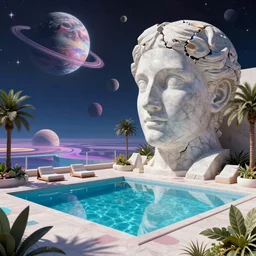David Ligare masterpiece, scifi nightscape, planets, hyperrealistic surrealism, award winning masterpiece with incredible details, epic stunning, infinity pool, a surreal vaporwave liminal space, highly detailed, trending on ArtStation, broken giant marble head statue ruins, calming, meditative, geometric liminal space, palm trees, very vaporwave