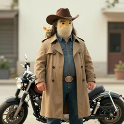 a cute little, creature, on the shoulders of a tall, stocky man with long hair and a long trench coat and cowboy hat, next to a motorcycle