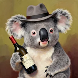 portrait of a koala artist with a hat and holding a wine bottle, drunk, award winning art, nft - style art, cartoon, detailed. by rossdraw and picasso