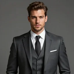 handsome serious man in a three - piece suit, hyper realism, digital painting, high quality, photo realistic detailed portrait