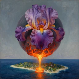 giant floating iris flower asteroid with molten flowing lava levitating above the paradise island. painting by asher brown durand, caspar david friedrich, thomas cole, monet, moebius, henri rousseau, agnes pelton