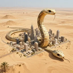 game concept art, city build on a skeleton of a giant snake, in the middle of a desolated desert