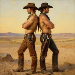 a homoerotic painting by gaston bussiere, craig mullins, alphonse mucha j. c. leyendecker, clyde aspevig of two cowboys in love standing back to back | bandoliers, shirtless, leather clothing | desert background, golden hour | highly detailed, trending on artstation