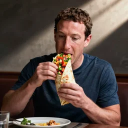 photograph of Mark Zuckerberg eating an extremely large burrito