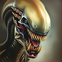 a realistic color drawing of an angry xenomorph, portrait, rembrandt