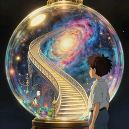 a boy admiring a glimmering glass pipe containing the majestic stairways to otherworldly galaxies, high intricate details, rule of thirds, golden ratio, cinematic light, 8 k, octane render, anime style, graphic novel by fiona staples and dustin nguyen, art by beaststars and orange, peter elson, alan bean, studio ghibli, makoto shinkai