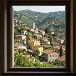 seen through a window, italian village, by ilya kuvshinov, rtx rendering, octane render 1 2 8 k, maya, extreme high intricate details by tom bagshaw, composition by sana takeda, lighting by greg rutkowski