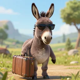 a donkey wearing sunglasses holding a travel suitcase, photorealistic, digital art, artstation, amazing detail