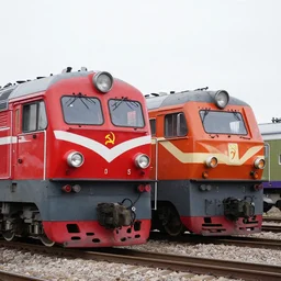 soviet russian locomotives next to eachother, photorealistic