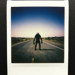 found polaroid picture, flash, mutant creature in the middle of a deserted highway, eerie