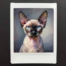 quiet sphynx cat, painted by dave mckean and phil foglio, trending on artstation, bright front view portrait, tonalism, polaroid, long exposure, byzantine