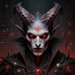 horned vampire with red eyes, highly detailed face, magick, technology, sigils, circuit board setting, rutkowski,