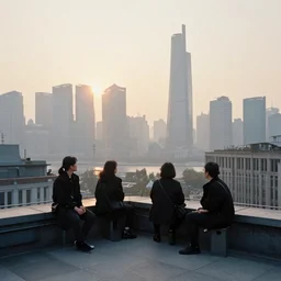 a small rooftop with a couple of people sitting and watching the view, wearing black modern clothes, modern shanghai bund is on the background, sunset, by gregory crewdson, smog