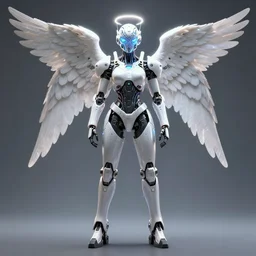 full body portrait shot of a neo solar punk robot seraphim angel semi covering futuristic minimal technology mesh energy mask head gear halo year 6 0 9 9 futuristic design master chief full body shot futuristic booster boot gear, symmetrical features radiating a glowing aura global illumination ray tracing hdr professional polished art. arstation by ian pesty and katarzyna da „ bek - chmiel