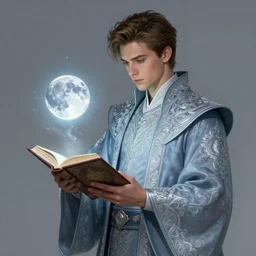character concept portrait of focused Corbin Bleu as wizard enchanting a miniature moon, a floating spell book in the center, intricate, moon-light glow, intricate silver-blue embroidered robes, elegant, digital painting, concept art, smooth, sharp focus, illustration, from Metal Gear, by Ruan Jia and Mandy Jurgens and William-Adolphe Bouguereau, Artgerm