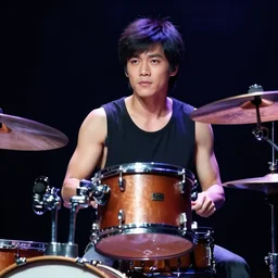 a taiwanese idol drummer on stage in the 1 9 7 0 s, live venue, professional photography, highly detailed, stunning lighting, artstation, realistic face and anatomy, by thomas kinkade and greg rutkowski
