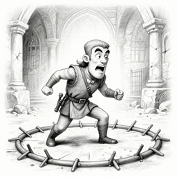 a warrior avoids a trap, dungeon background, comic expression, exaggerated, pencil sketch
