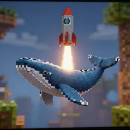 A whale as a rocket launch in minecraft, minecraft screen shot 35mm, f/1.4, f1.8 anamorphic, bokeh, 4k, Canon, Nikon