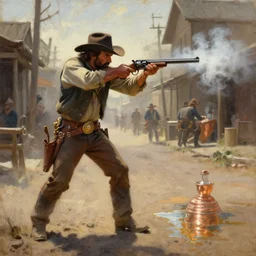 oil painting of old rugged cowboy in wild west street, firing revolver, gun smoke, art by anders zorn, wonderful masterpiece by greg rutkowski, beautiful cinematic light, american romanticism by greg manchess, reflections in copper, sunlight, dust and steam