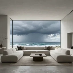 brutalist open living room, big windows, showing storm ocean landscape on background, minimalist architecture, minimalist furniture, octane render, high quality, 8 k, post production
