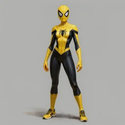 full body character turnaround of a woman in an orb weaver spider costume with a full face mask standing in a relaxed pose, running shoes, character sheet, matte painting, spiderwoman!!, john singer sargent, good value control, highly detailed portrait, digital painting, concept art, realistic proportions, realistically proportioned body, illustration, yellow and black color scheme