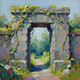 colorful seb mckinnon impasto!! acrylic painting of the slate stone gateway of a forgotten civilization. vines and creepers, stone etchings