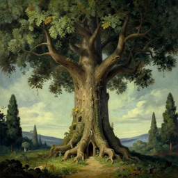 A hyper-realistic low angle wide shot matte painting of a single yggdrasil by thomas kinkade and georgio de chirico. Subject in view, symmetrical composition, f11:6