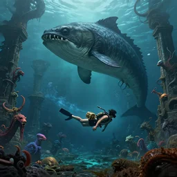 An diver is under the sea, he has a treasure with him, he is swimming away from the giant Ryūjin that is behind hunting him, this is an extravagant planet with wacky wildlife and some mythical animals, the background is full of ancient ruins, the ambient is dark with a terrifying atmosphere, by Jordan Grimmer digital art, trending on Artstation,