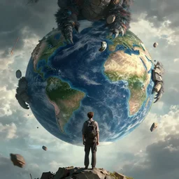 here is a giant monster and world hanging upside down. everything is gradually crumbling, anton fadeev, 2 d, overhead lens