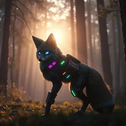 a cyberpunk anthropomorphic fox with a fluffy tail in a forest, backlighting, cgi, rendered in unreal engine, trending on artstation