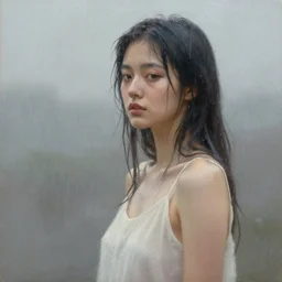 a beautiful toned woman in rain, aesthetic, oil painting, pale colors, high detail, 8 k, wide angle, trending on artstation,