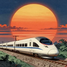 high speed train in india against a giant rising sun, ukiyo - e style, lithograph, textile print