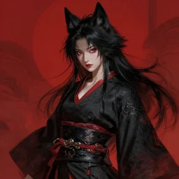 japanese wolf goddess, d & d, black and red color palette, highly detailed, digital painting, artstation, concept art, sharp focus, illustration, cinematic lighting, art by artgerm and greg rutkowski and alphonse mucha