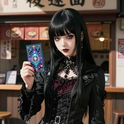 1 7 - year - old goth girl, black hair, long bob cut, long bangs, gothic coat, holding magical technological card, magic card, in front of ramen shop, strong lighting, strong shadows, vivid hues, raytracing, sharp details, subsurface scattering, intricate details, hd anime, very - high - budget anime movie, 2 0 2 1 anime